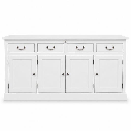 Classic white solid pine Lorient sideboard with four panelled doors and drawers, 176 cm wide, front view