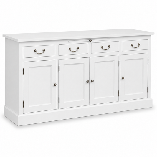 Classic white pine Lorient sideboard with bail-drop handles, four doors and four drawers, angled corner view
