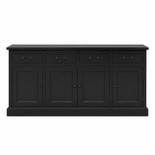 Classic country black solid pine Lorient sideboard, four panelled doors and drawers, 176 cm wide, front view