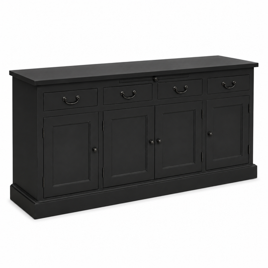 Black lacquered pine Lorient four-door sideboard with bail handles, angled three-quarter view, 176 cm wide