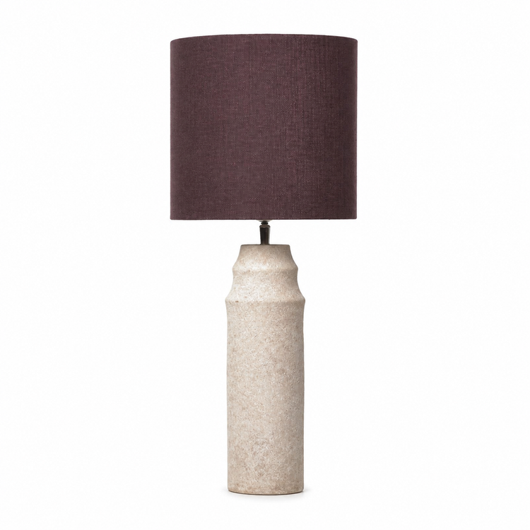 Table Lamp Lukas 9926Z in taupe with cylindrical shade on elegant ceramic base, professional front view studio photography on white background with subtle shadows by Marcottestyle