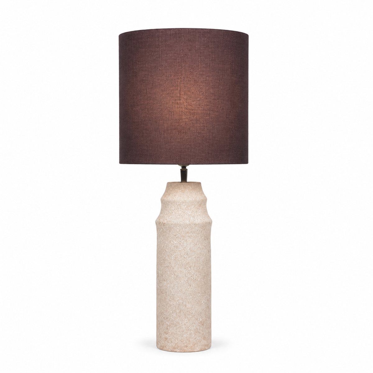 Table Lamp Lukas 9926Z in taupe with warm light gently glowing through the fabric shade, front view on white background showing soft illumination effect by Marcottestyle