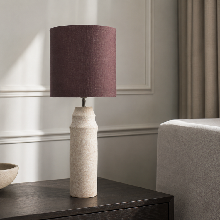 Table Lamp Lukas 9926Z in taupe styled in a modern luxury living room with natural window light, velvet carpet and classic interior framing by Marcottestyle
