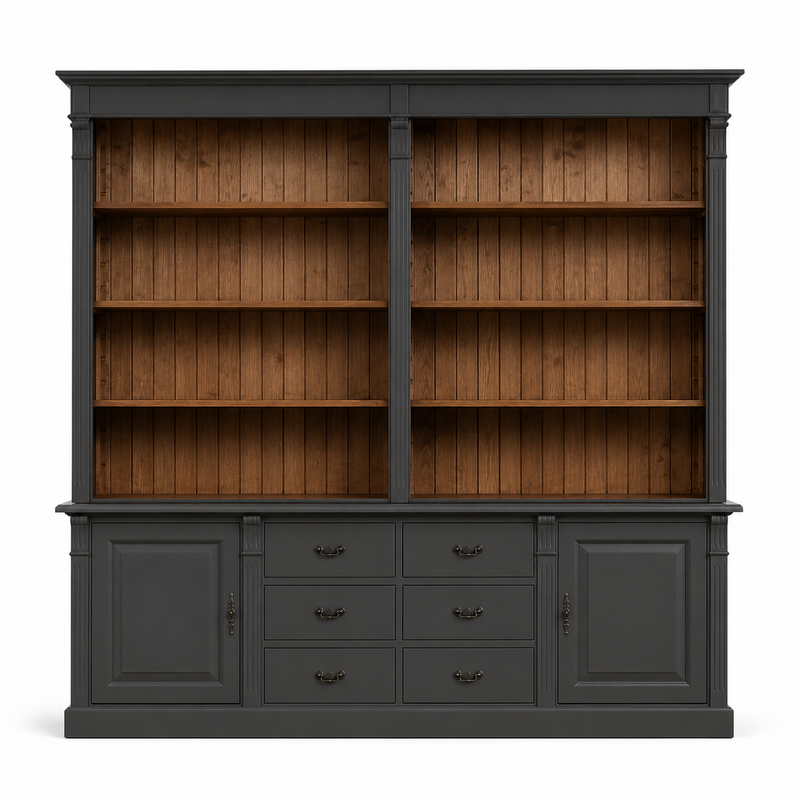 Classic black solid wood Manoir TV wall unit with warm plank shelving, 223 cm wide, front view