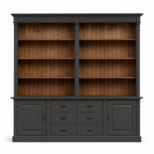 Classic black solid wood Manoir TV wall unit with warm plank shelving, 223 cm wide, front view