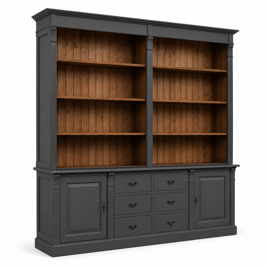 Traditional black Manoir wall unit with panelled lower cabinets and open shelves, angled three-quarter view