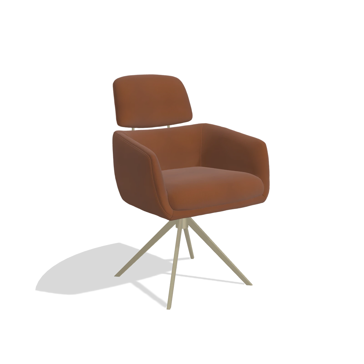 Silla de comedor Anita 6707 en Piel B912 (óxido), base giratoria en champán, vista en ángulo