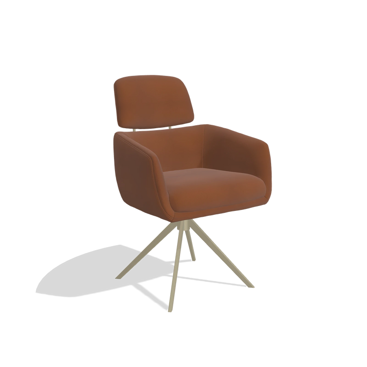 Silla de comedor Anita 6707 en Piel B912 (óxido), base giratoria en champán, vista en ángulo