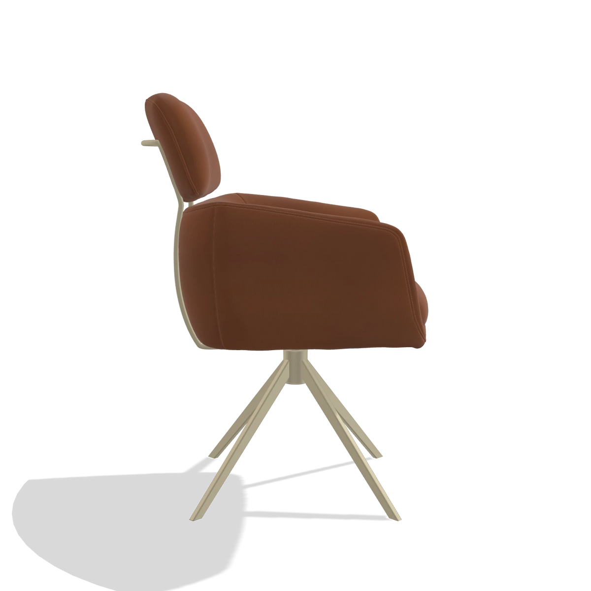 Silla de comedor Anita 6707 en Piel B912 (óxido), base giratoria en champán, vista lateral