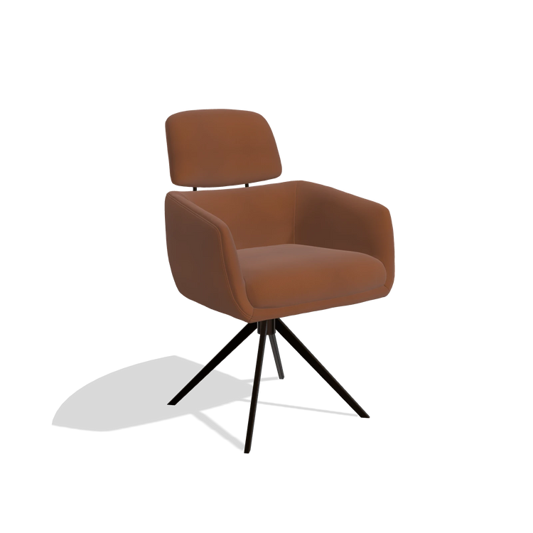 Silla de comedor Anita 6707 en Piel B912 (óxido), base giratoria en espresso, vista en ángulo