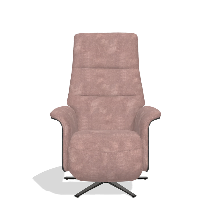 Recliner Atlas 6685 in Adore 200 fabric (taupe), black wood side panels, black metal base, front view