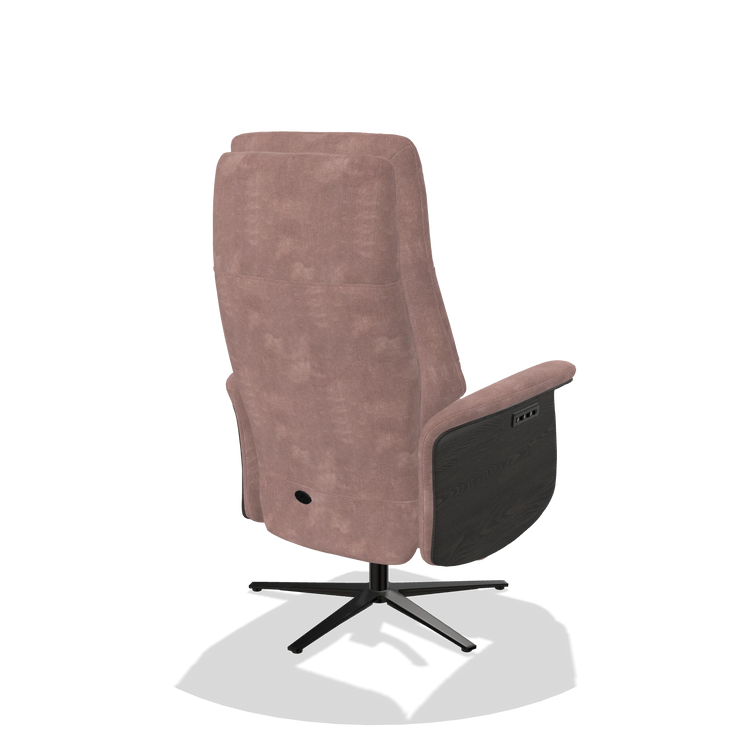 Recliner Atlas 6685 in Adore 200 fabric (taupe), tobacco wood side panels, black metal base, back angled view