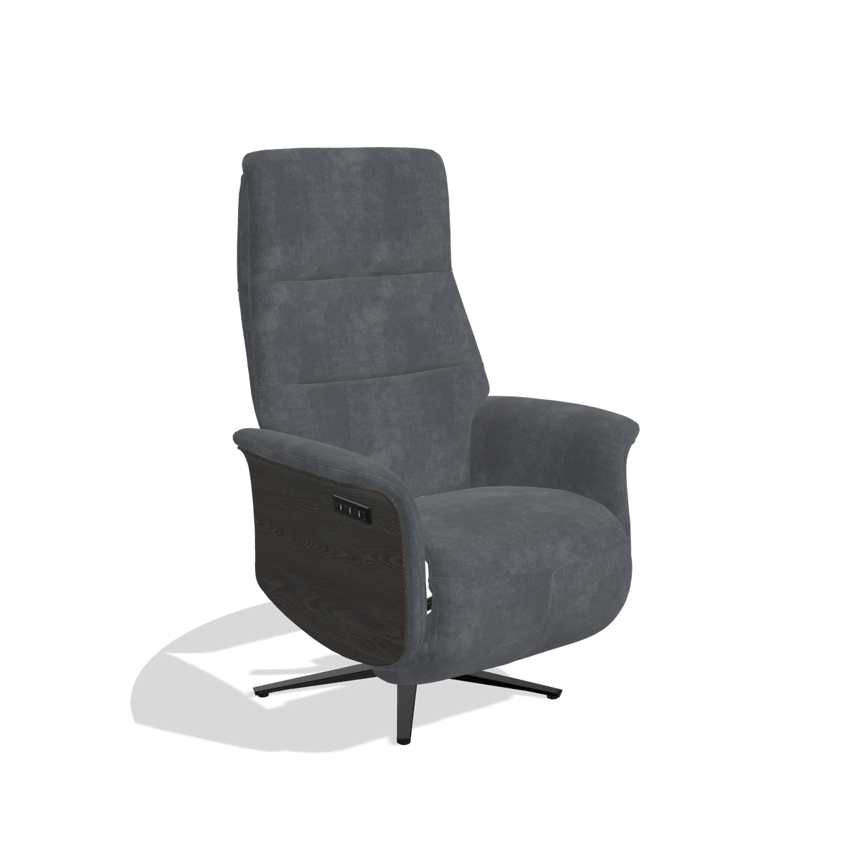 Recliner Atlas 6685 in Adore 56 fabric (anthracite), tobacco wood side panels, black metal base, angled view
