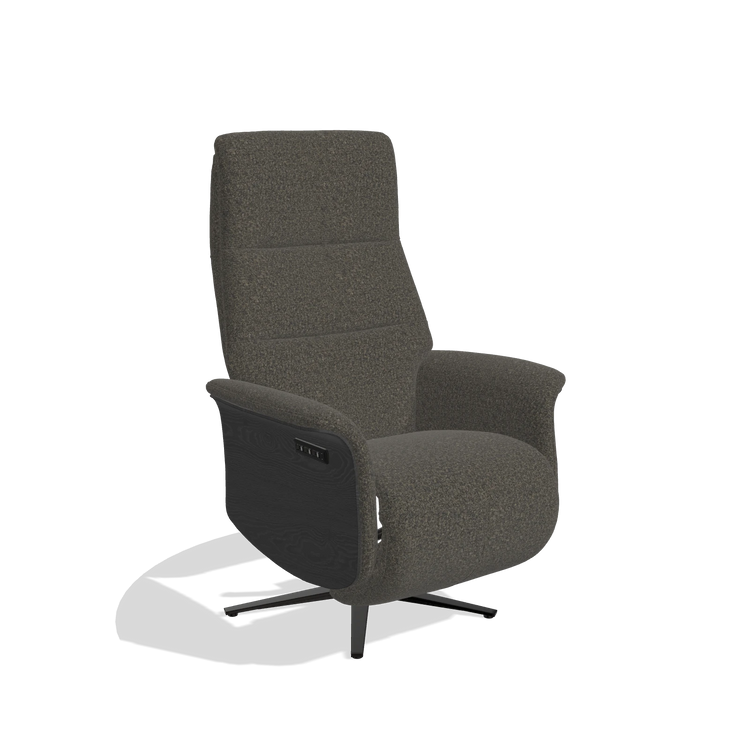 Recliner Atlas 6685 in Ascot Mouse fabric (chocolate), black wood side panels, black metal base, angled view