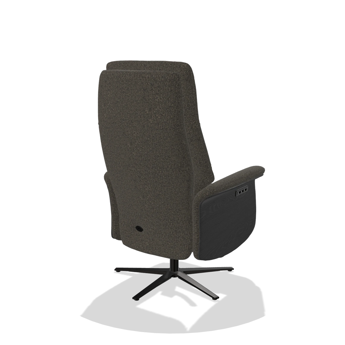 Recliner Atlas 6685 in Ascot Mouse fabric (chocolate), black wood side panels, black metal base, back angled view