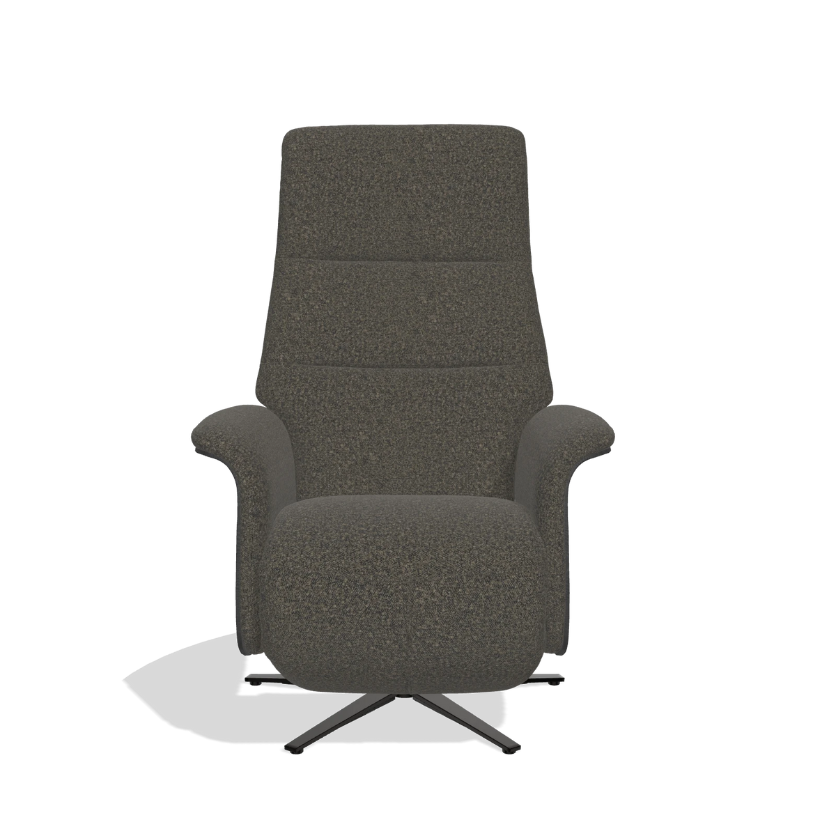Recliner Atlas 6685 in Ascot Mouse fabric (chocolate), black wood side panels, black metal base, front view