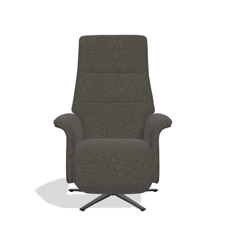 Recliner Atlas 6685 in Ascot Mouse fabric (chocolate), black wood side panels, black metal base, front view