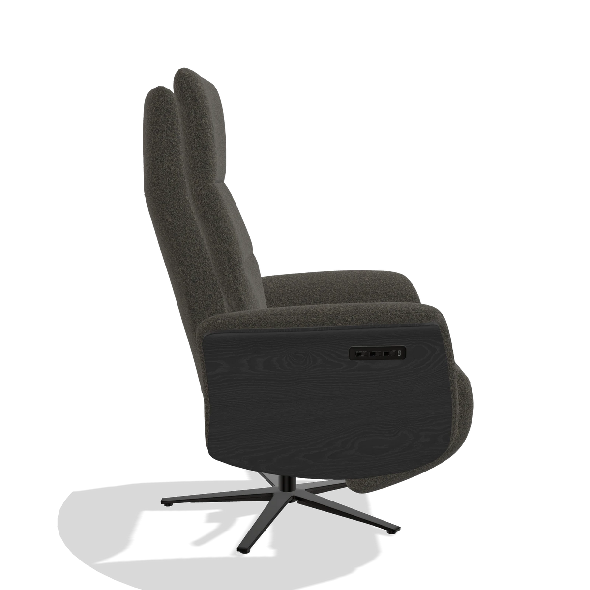 Recliner Atlas 6685 in Ascot Mouse fabric (chocolate), black wood side panels, black metal base, side view