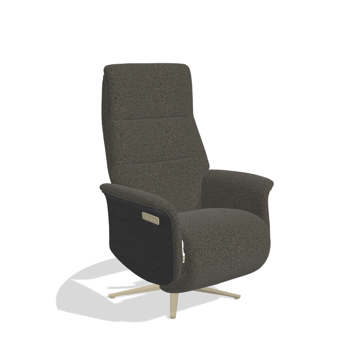 Recliner Atlas 6685 in Ascot Mouse fabric (chocolate), black wood side panels, champagne metal base, angled view