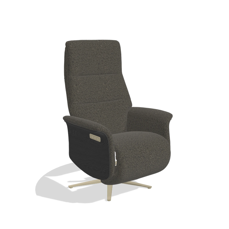 Recliner Atlas 6685 in Ascot Mouse fabric (chocolate), black wood side panels, champagne metal base, angled view