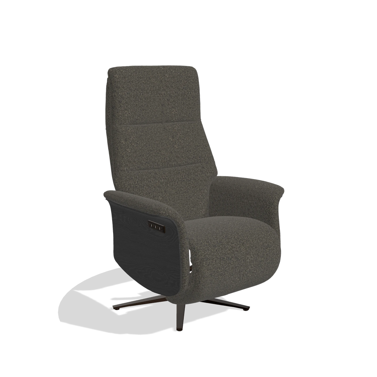 Recliner Atlas 6685 in Ascot Mouse fabric (chocolate), black wood side panels, espresso metal base, angled view