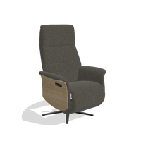 Recliner Atlas 6685 in Ascot Mouse fabric (chocolate), natural wood side panels, black metal base, angled view