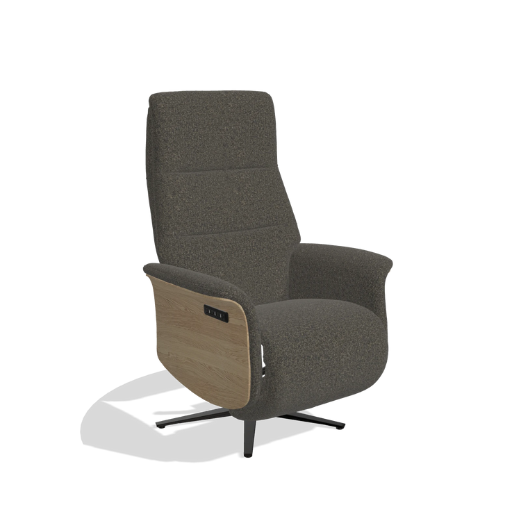 Recliner Atlas 6685 in Ascot Mouse fabric (chocolate), natural wood side panels, black metal base, angled view