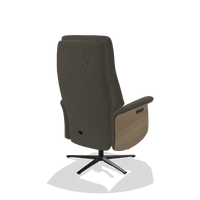 Recliner Atlas 6685 in Ascot Mouse fabric (chocolate), natural wood side panels, black metal base, back angled view