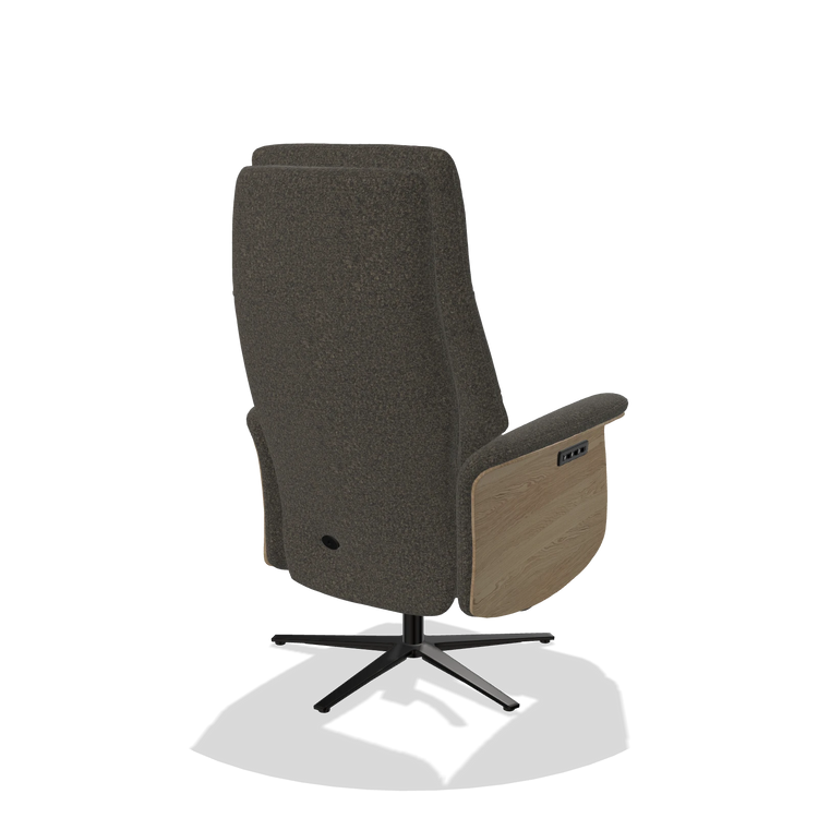 Recliner Atlas 6685 in Ascot Mouse fabric (chocolate), natural wood side panels, black metal base, back angled view