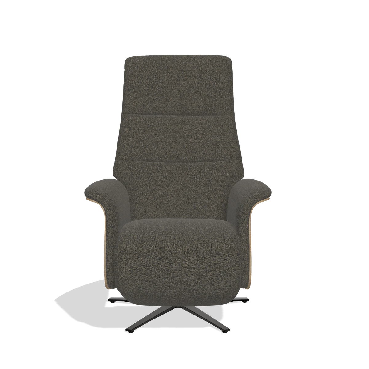 Recliner Atlas 6685 in Ascot Mouse fabric (chocolate), natural wood side panels, black metal base, front view