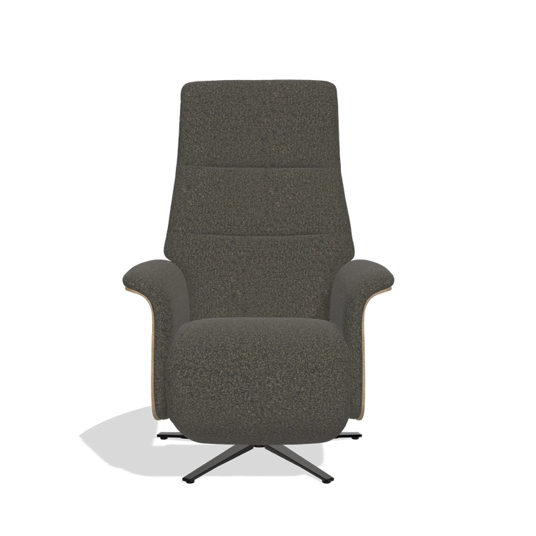 Recliner Atlas 6685 in Ascot Mouse fabric (chocolate), natural wood side panels, black metal base, front view