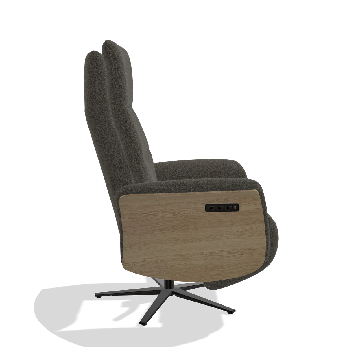 Recliner Atlas 6685 in Ascot Mouse fabric (chocolate), natural wood side panels, black metal base, side view