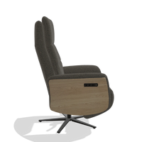 Recliner Atlas 6685 in Ascot Mouse fabric (chocolate), natural wood side panels, black metal base, side view