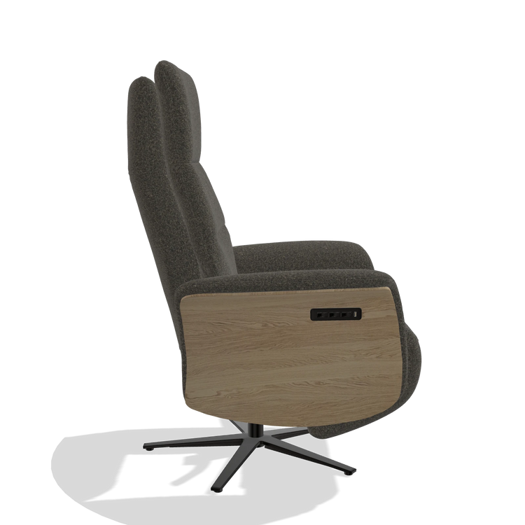 Recliner Atlas 6685 in Ascot Mouse fabric (chocolate), natural wood side panels, black metal base, side view