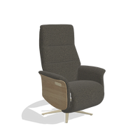 Recliner Atlas 6685 in Ascot Mouse fabric (chocolate), natural wood side panels, champagne metal base, angled view