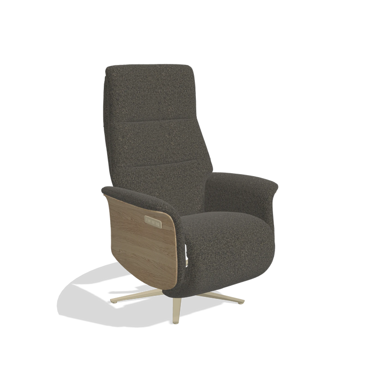 Recliner Atlas 6685 in Ascot Mouse fabric (chocolate), natural wood side panels, champagne metal base, angled view