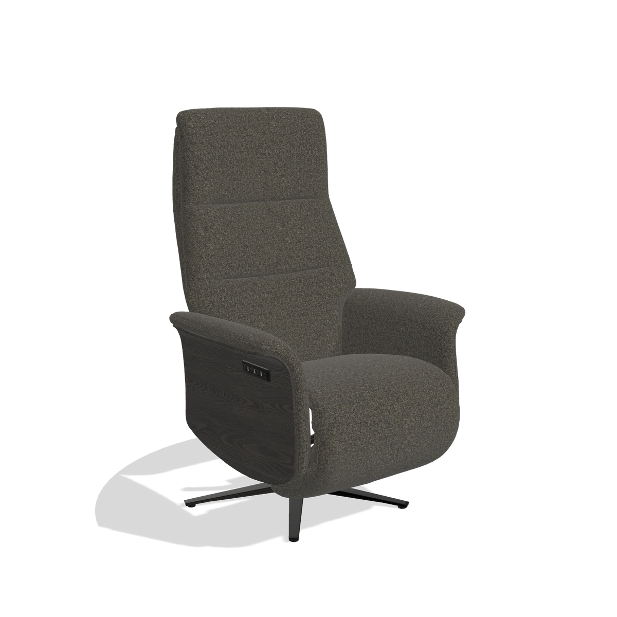 Recliner Atlas 6685 in Ascot Mouse fabric (chocolate), tobacco wood side panels, black metal base, angled view