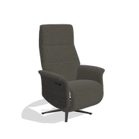 Recliner Atlas 6685 in Ascot Mouse fabric (chocolate), tobacco wood side panels, black metal base, angled view