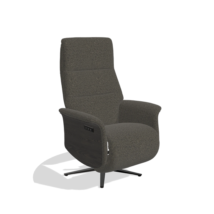 Recliner Atlas 6685 in Ascot Mouse fabric (chocolate), tobacco wood side panels, black metal base, angled view