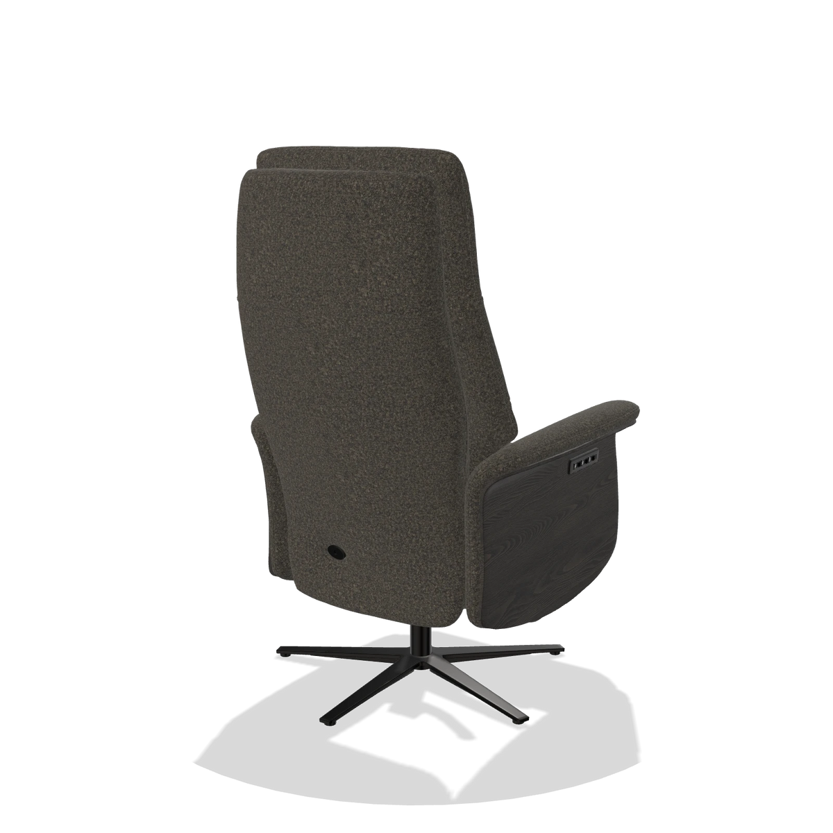 Recliner Atlas 6685 in Ascot Mouse fabric (chocolate), tobacco wood side panels, black metal base, back angled view