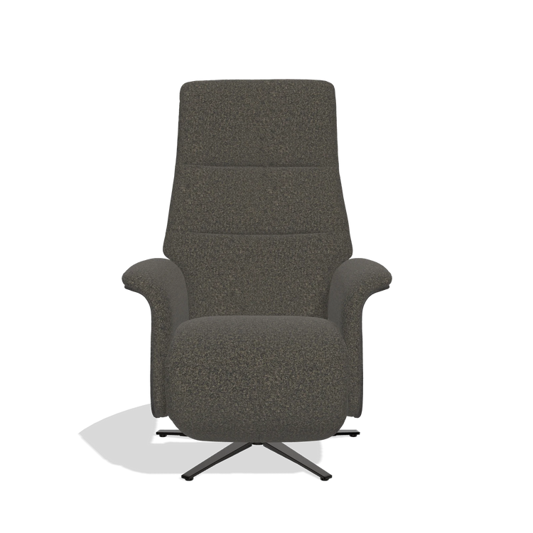 Recliner Atlas 6685 in Ascot Mouse fabric (chocolate), tobacco wood side panels, black metal base, front view