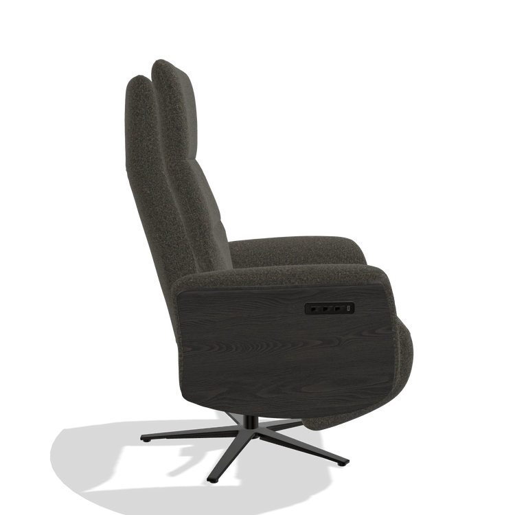 Recliner Atlas 6685 in Ascot Mouse fabric (chocolate), tobacco wood side panels, black metal base, side view