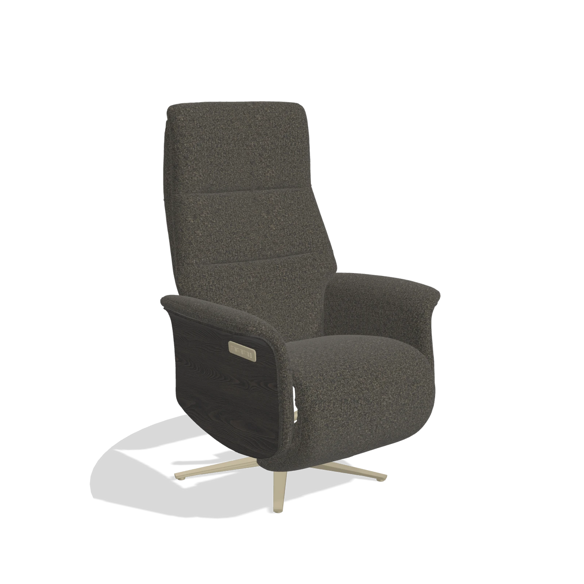 Recliner Atlas 6685 in Ascot Mouse fabric (chocolate), tobacco wood side panels, champagne metal base, angled view