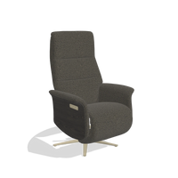 Recliner Atlas 6685 in Ascot Mouse fabric (chocolate), tobacco wood side panels, champagne metal base, angled view
