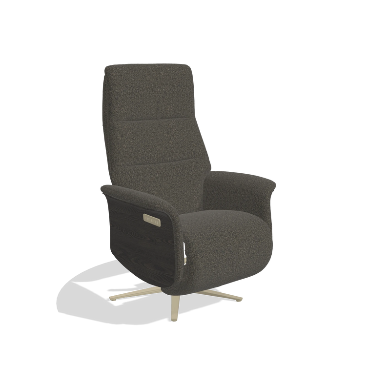 Recliner Atlas 6685 in Ascot Mouse fabric (chocolate), tobacco wood side panels, champagne metal base, angled view
