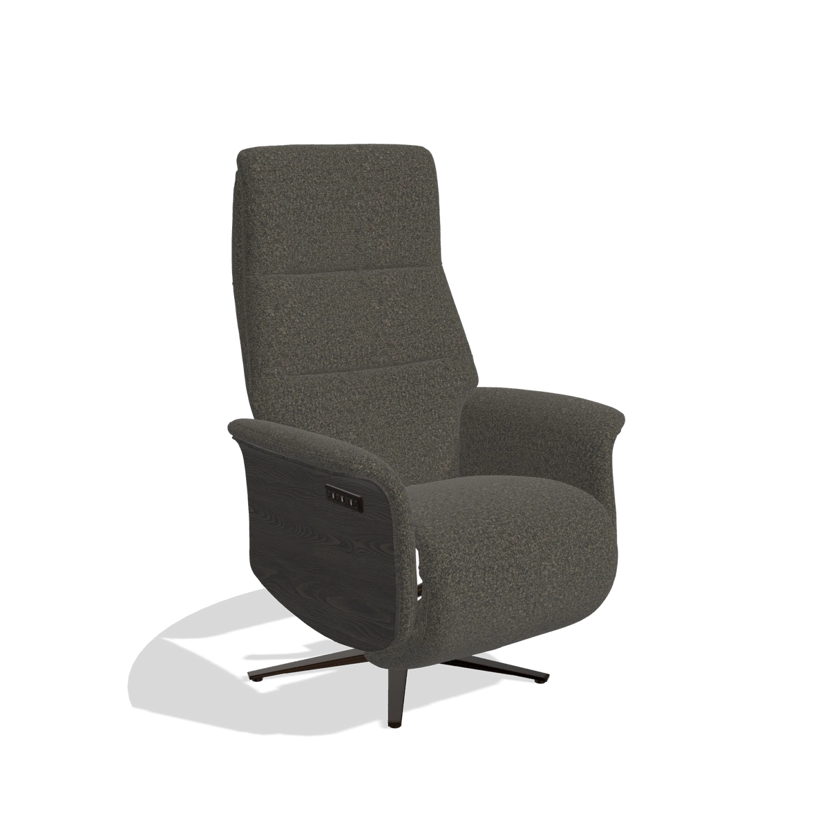 Recliner Atlas 6685 in Ascot Mouse fabric (chocolate), tobacco wood side panels, espresso metal base, angled view