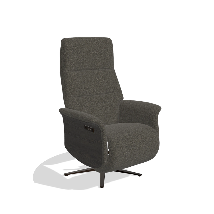 Recliner Atlas 6685 in Ascot Mouse fabric (chocolate), tobacco wood side panels, espresso metal base, angled view
