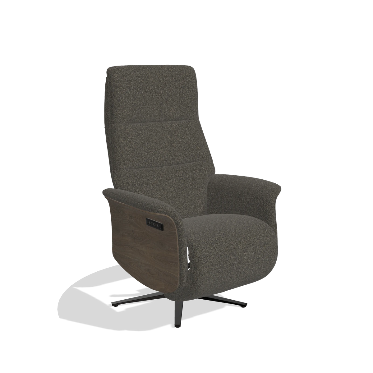 Recliner Atlas 6685 in Ascot Mouse fabric (chocolate), walnut wood side panels, black metal base, angled view