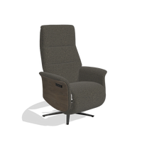 Recliner Atlas 6685 in Ascot Mouse fabric (chocolate), walnut wood side panels, black metal base, angled view