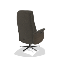 Recliner Atlas 6685 in Ascot Mouse fabric (chocolate), walnut wood side panels, black metal base, back angled view